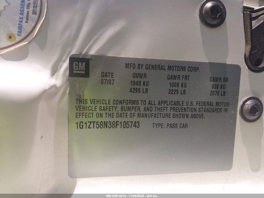 2008 Chevrolet Malibu Classic Lt VIN: 1G1ZT58N38F105743 Lot: 43614414