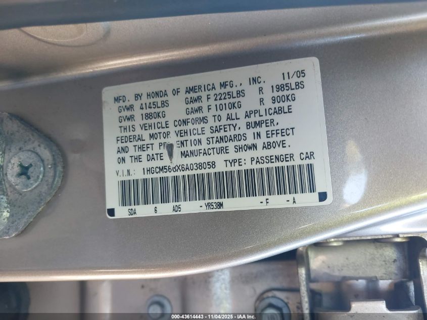 2006 Honda Accord 2.4 Ex VIN: 1HGCM568X6A038058 Lot: 43614443