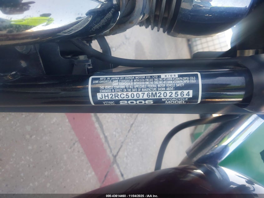 2006 Honda Vt750 C VIN: JH2RC50076M202564 Lot: 43614460
