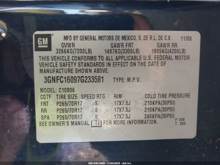 2007 Chevrolet Suburban 1500 Ls VIN: 3GNFC16097G233581 Lot: 43614469