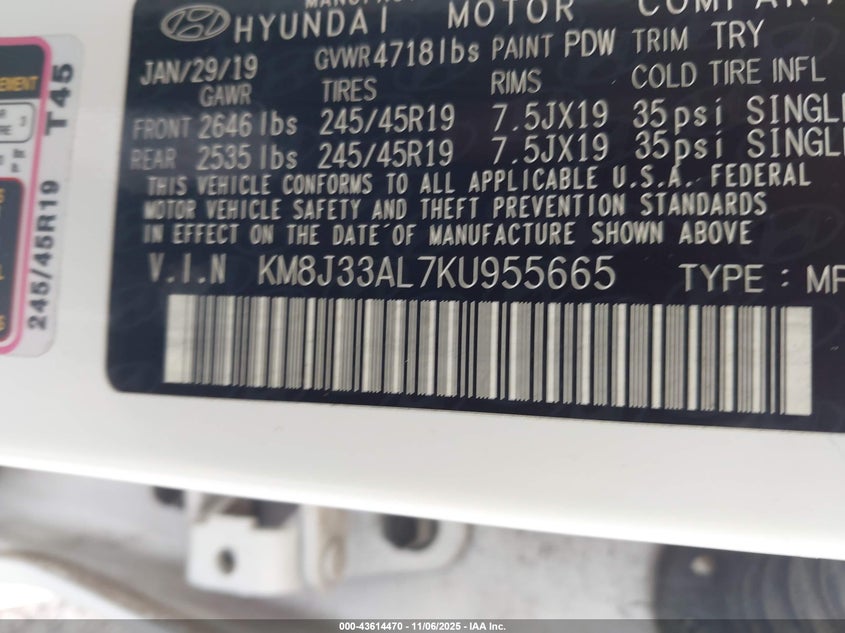 2019 HYUNDAI TUCSON NIGHT - KM8J33AL7KU955665