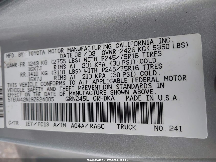 5TEUU42N19Z624005 2009 TOYOTA TACOMA photo no. 9