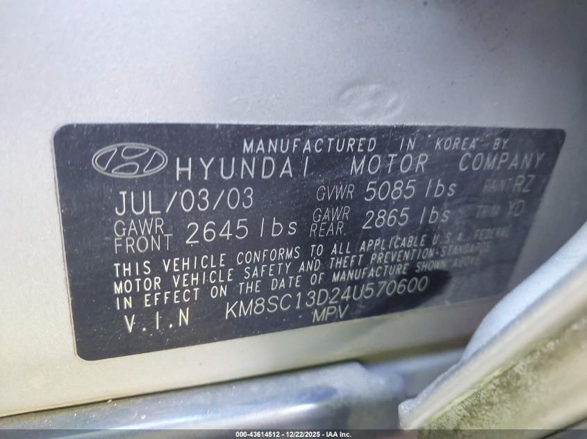 2004 Hyundai Santa Fe Gls VIN: KM8SC13D24U570600 Lot: 43614512