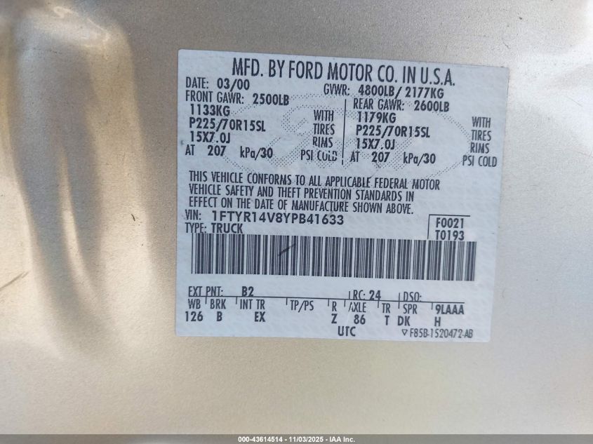 2000 Ford Ranger Xl/Xlt VIN: 1FTYR14V8YPB41633 Lot: 43614514