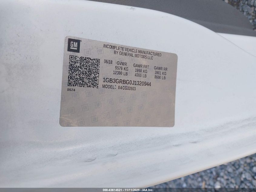 2018 Chevrolet Express Cutaway Work Van VIN: 1GB3GRBG0J1320944 Lot: 43614521