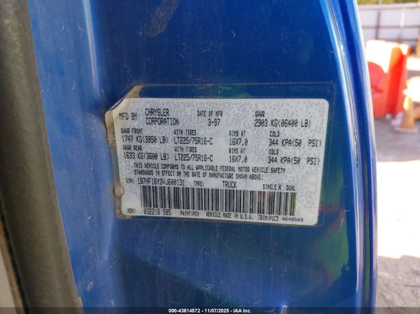 1997 Dodge Ram 1500 Lt VIN: 1B7HF16Y3VJ600131 Lot: 43614572