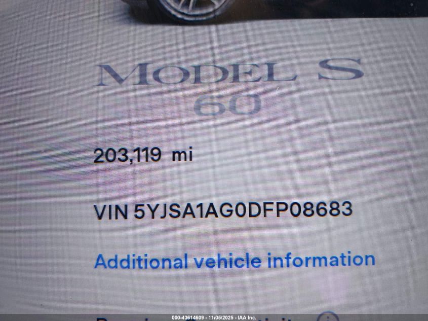 2013 Tesla Model S VIN: 5YJSA1AG0DFP08683 Lot: 43614609