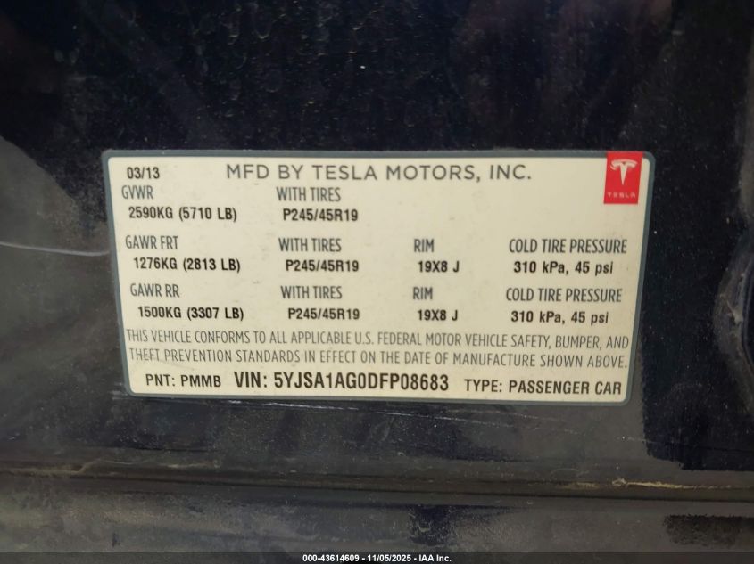 2013 Tesla Model S VIN: 5YJSA1AG0DFP08683 Lot: 43614609