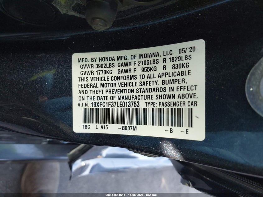 19XFC1F37LE013753 2020 HONDA CIVIC photo no. 9