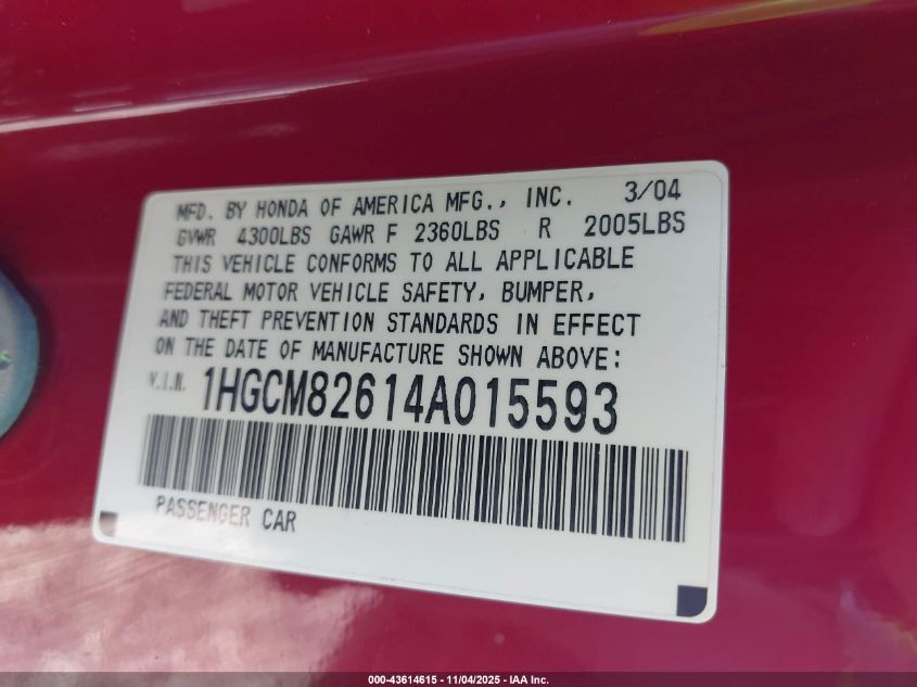 2004 Honda Accord 3.0 Ex VIN: 1HGCM82614A015593 Lot: 43614615