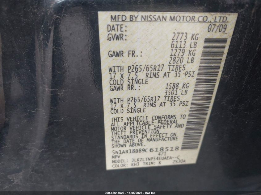2009 Nissan Pathfinder Se VIN: 5N1AR18B89C618518 Lot: 43614623