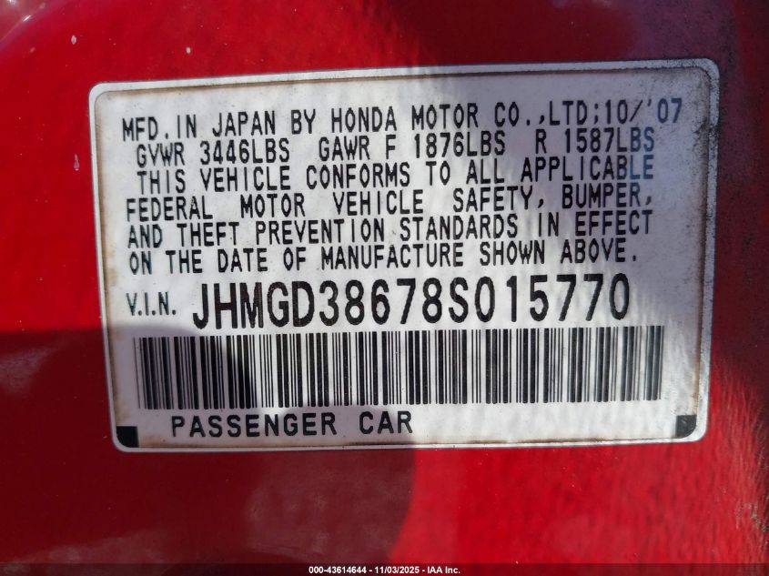 2008 Honda Fit Sport VIN: JHMGD38678S015770 Lot: 43614644