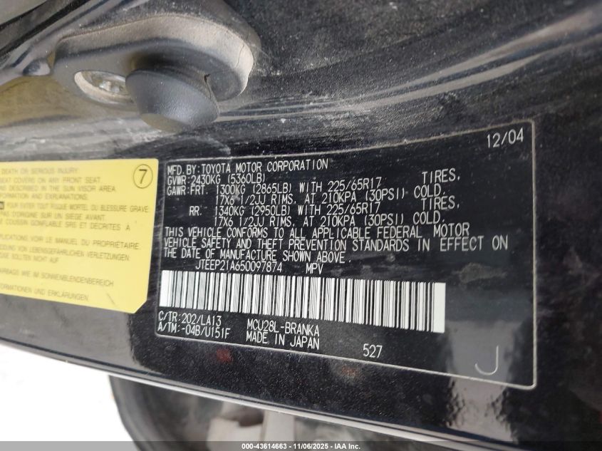 2005 Toyota Highlander Limited V6 VIN: JTEEP21A650097874 Lot: 43614663