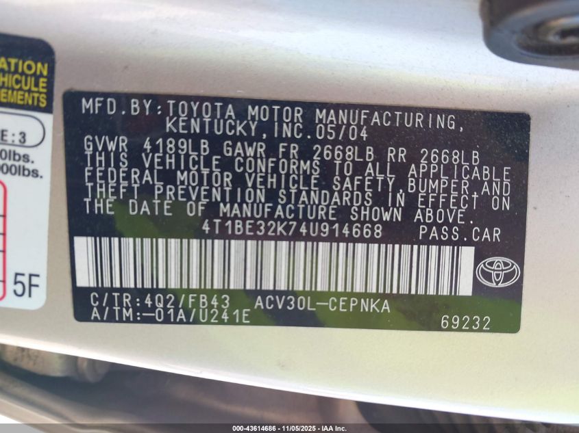 2004 Toyota Camry Le VIN: 4T1BE32K74U914668 Lot: 43614686