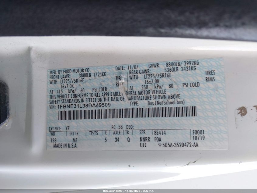 2008 Ford E-350 Super Duty Xl/Xlt VIN: 1FBNE31L38DA49509 Lot: 43614690