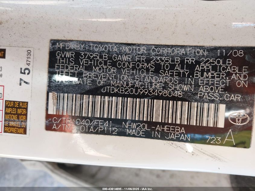 2009 Toyota Prius VIN: JTDKB20U993498048 Lot: 43614695