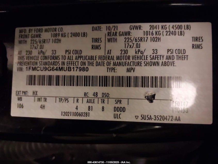 2021 FORD ESCAPE SE 1FMCU9G64MUB17980