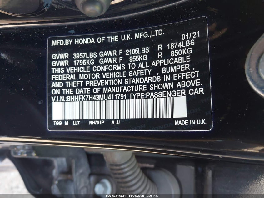 2021 HONDA CIVIC SPORT - SHHFK7H43MU411791