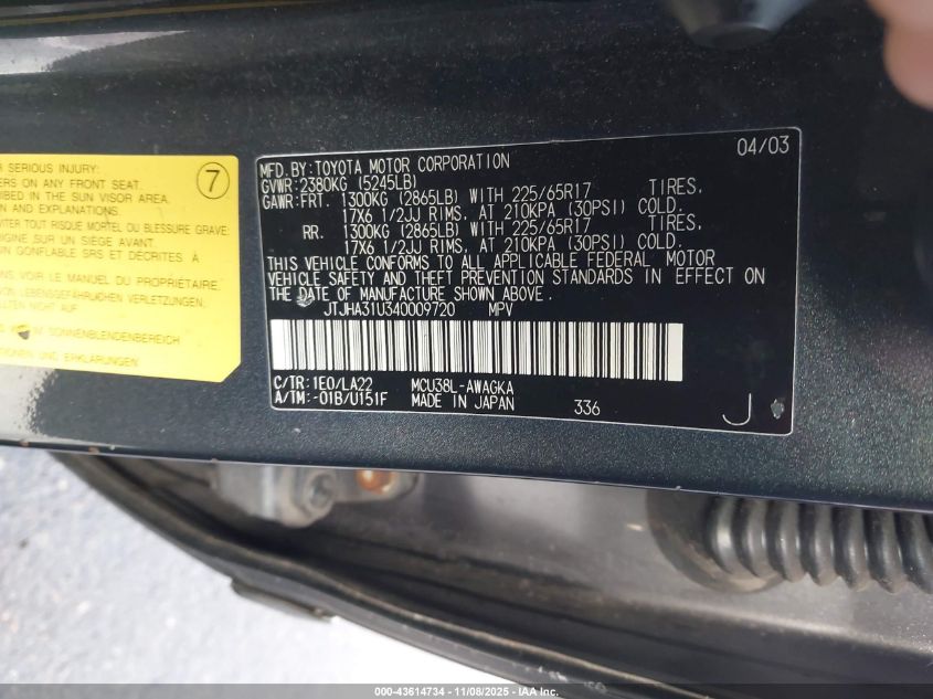 2004 Lexus Rx 330 VIN: JTJHA31U340009720 Lot: 43614734