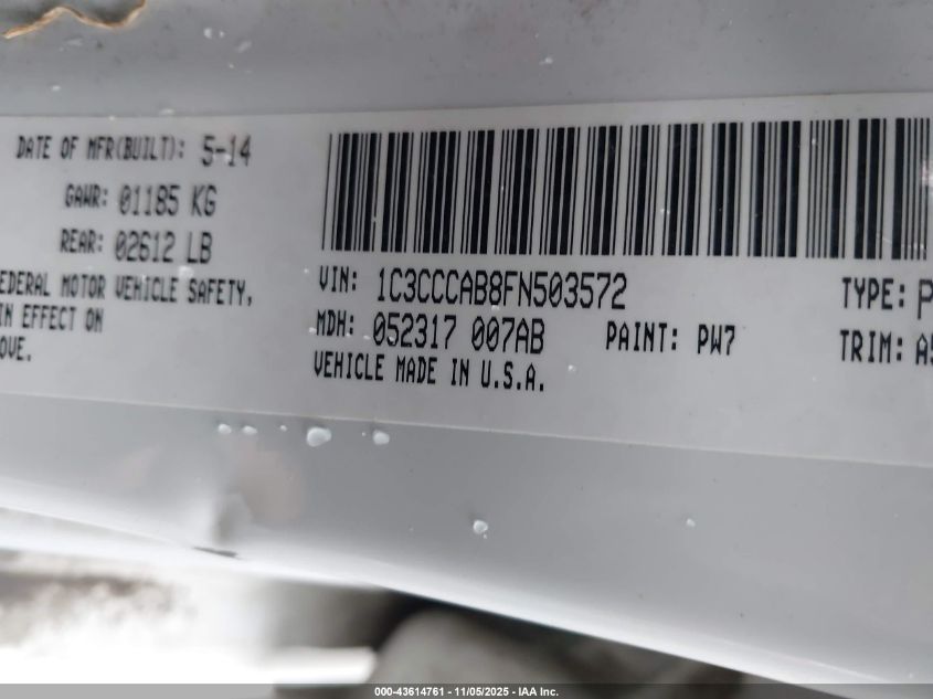 2015 Chrysler 200 Limited VIN: 1C3CCCAB8FN503572 Lot: 43614761