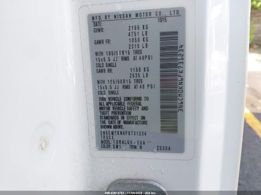 2015 Nissan Nv200 Sv VIN: 3N6CM0KN6FK731234 Lot: 43614781