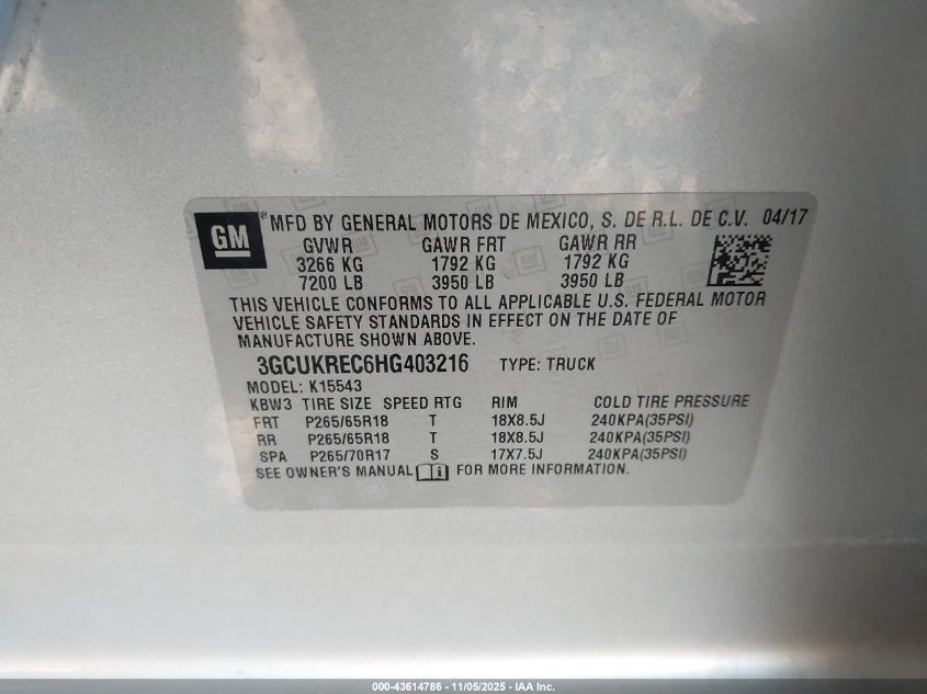 2017 CHEVROLET SILVERADO 1500 2LT 3GCUKREC6HG403216