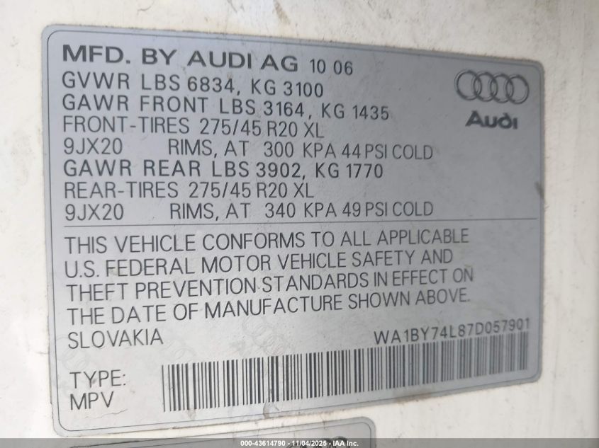 2007 Audi Q7 3.6 Premium VIN: WA1BY74L87D057901 Lot: 43614790