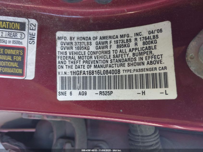 2006 Honda Civic Ex VIN: 1HGFA16816L084008 Lot: 43614815