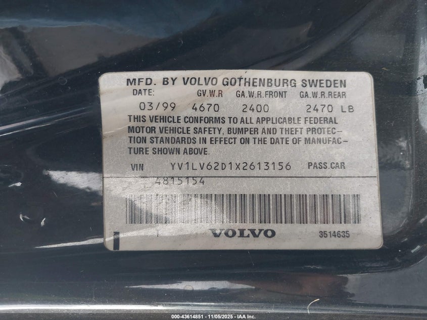 1999 Volvo V70 R VIN: YV1LV62D1X2613156 Lot: 43614851