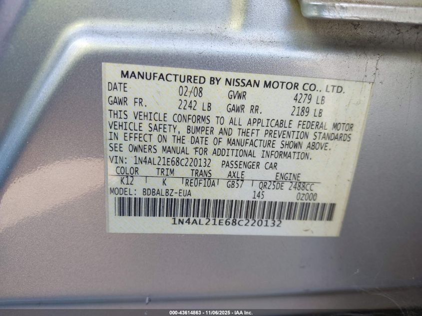 2008 Nissan Altima 2.5 S VIN: 1N4AL21E68C220132 Lot: 43614863