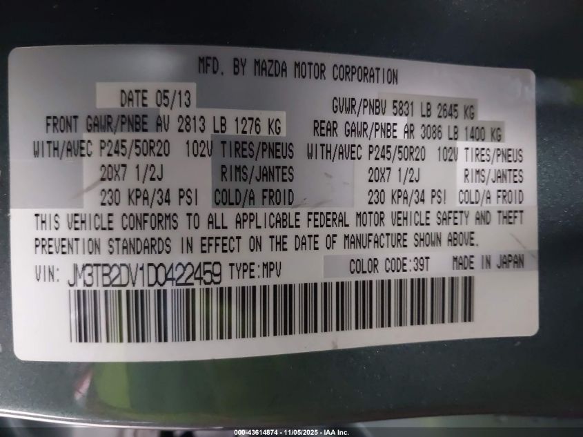 2013 MAZDA CX-9 GRAND TOURING JM3TB2DV1D0422459