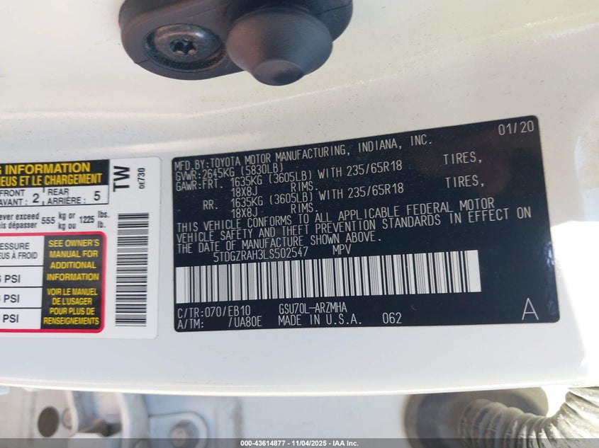 2020 TOYOTA HIGHLANDER XLE - 5TDGZRAH3LS502547