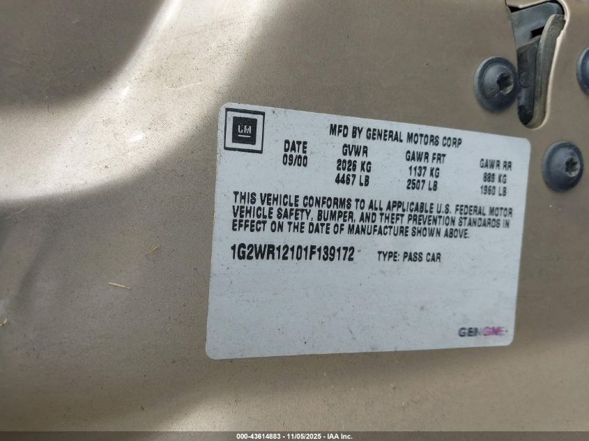 2001 Pontiac Grand Prix Gtp VIN: 1G2WR12101F139172 Lot: 43614883
