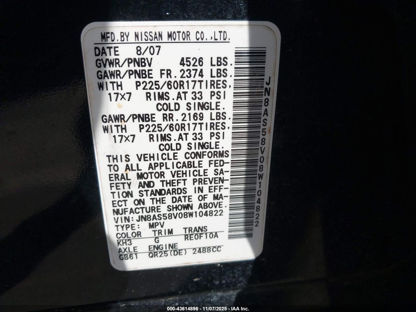 JN8AS58V08W104822 2008 NISSAN ROGUE photo no. 9