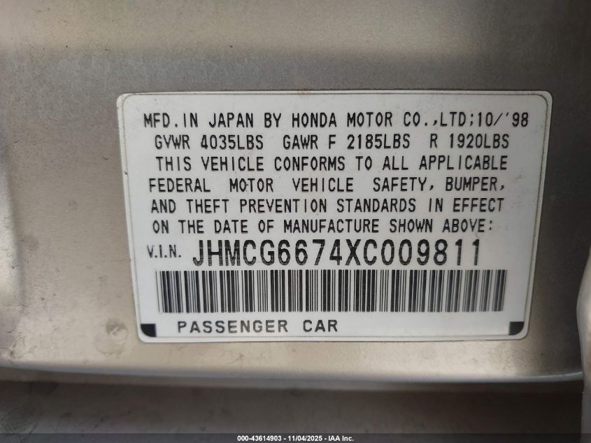 1999 Honda Accord Ex VIN: JHMCG6674XC009811 Lot: 43614903