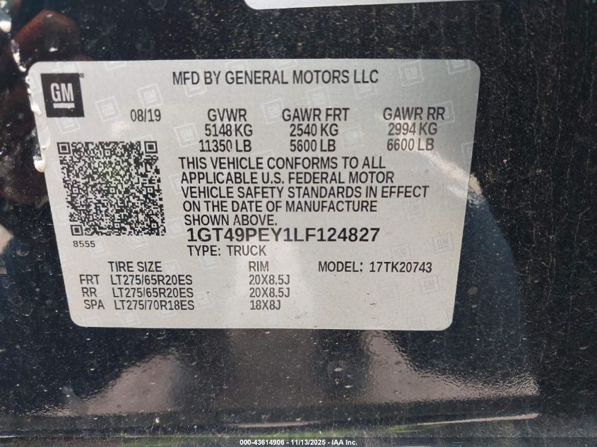 2020 GMC Sierra 2500Hd 4Wd Standard Bed At4 VIN: 1GT49PEY1LF124827 Lot: 43614906