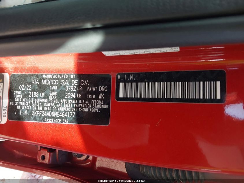 2022 Kia Forte Lxs VIN: 3KPF24AD6NE464177 Lot: 43614911