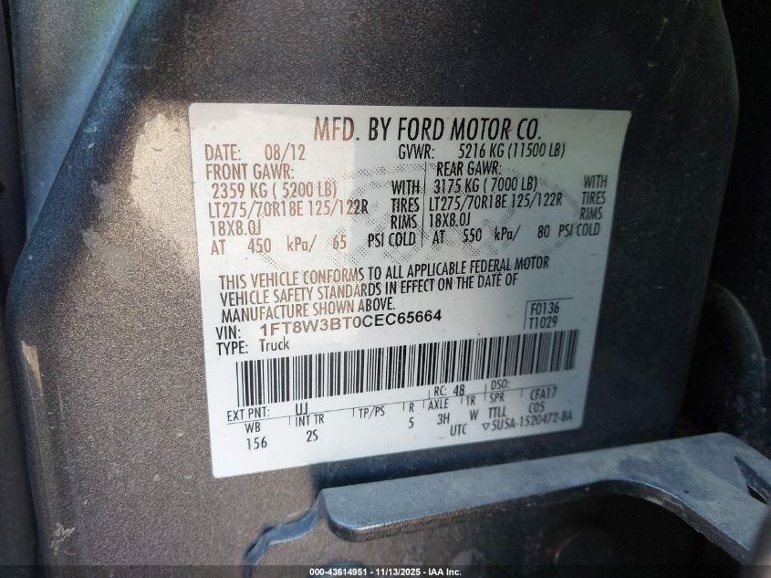 2012 Ford F-350 Xlt VIN: 1FT8W3BT0CEC65664 Lot: 43614951