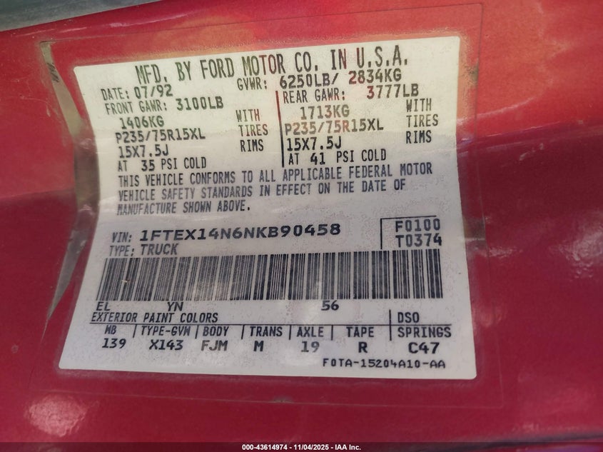 1992 Ford F150 VIN: 1FTEX14N6NKB90458 Lot: 43614974