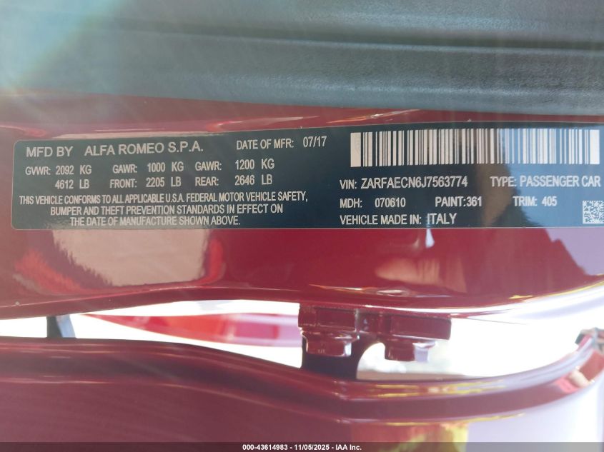 2018 ALFA ROMEO GIULIA TI SPORT RWD ZARFAECN6J7563774