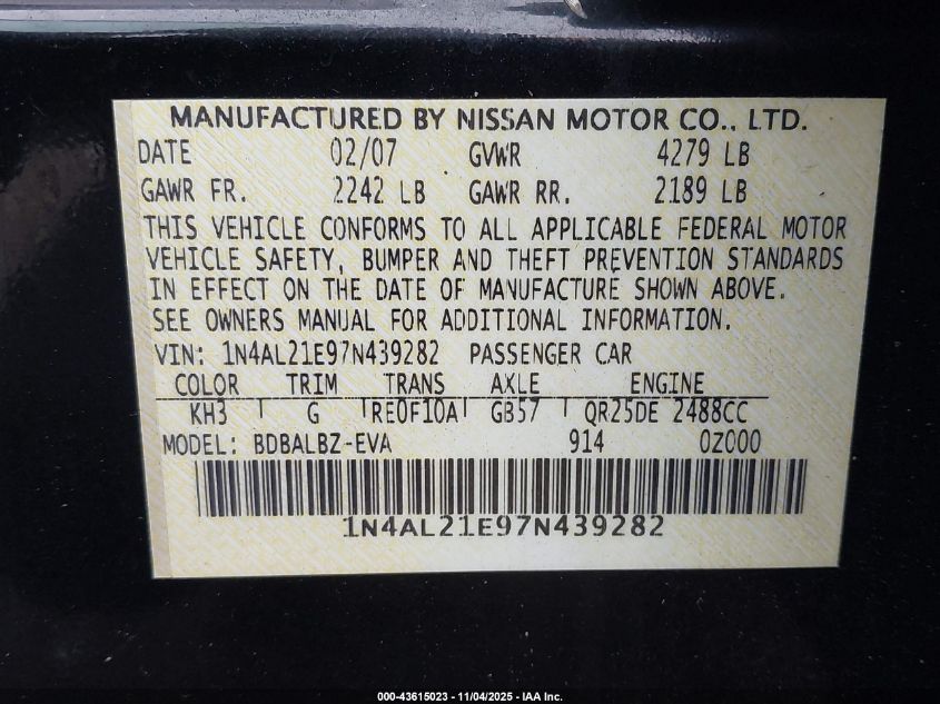 2007 Nissan Altima 2.5 S VIN: 1N4AL21E97N439282 Lot: 43615023