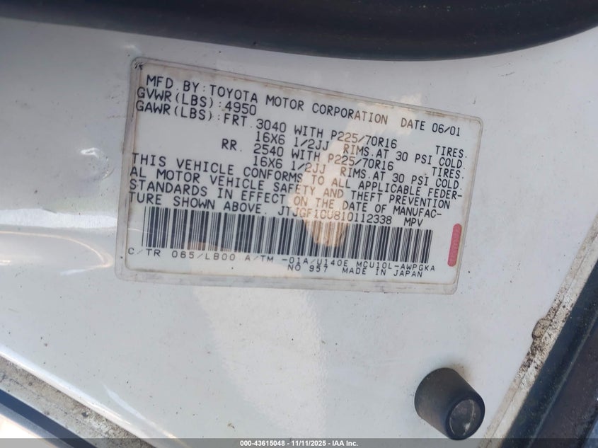 2001 Lexus Rx 300 VIN: JTJGF10U810112338 Lot: 43615048