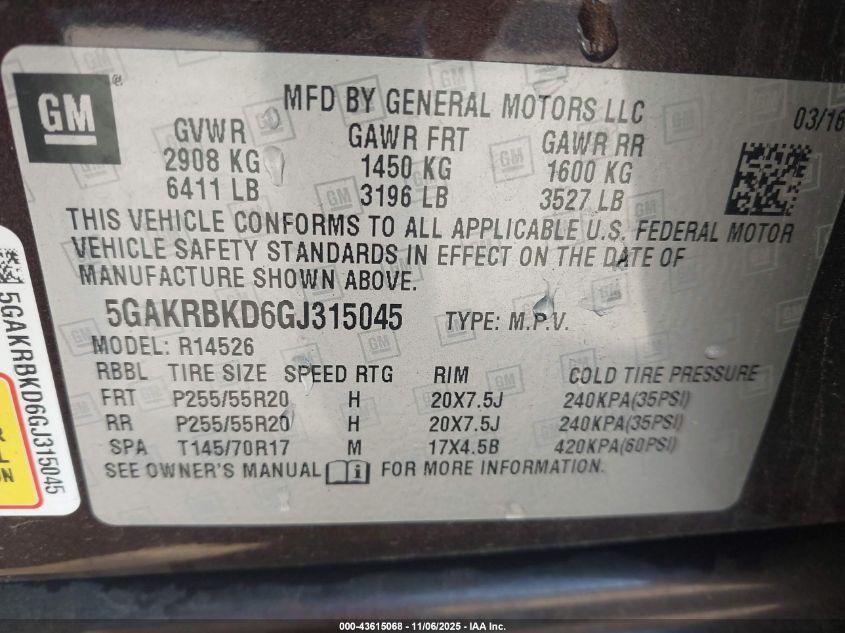 2016 Buick Enclave Leather VIN: 5GAKRBKD6GJ315045 Lot: 43615068