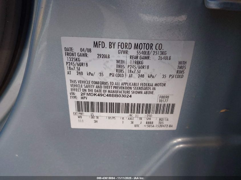 2008 Ford Edge Limited VIN: 2FMDK49C48BB03024 Lot: 43615084