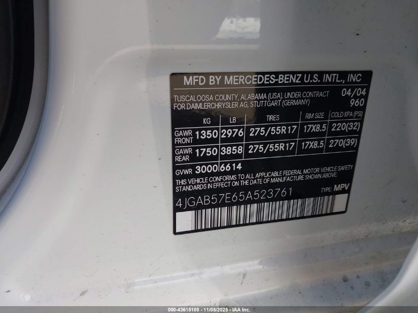 2005 Mercedes-Benz Ml 350 4Matic VIN: 4JGAB57E65A523761 Lot: 43615105