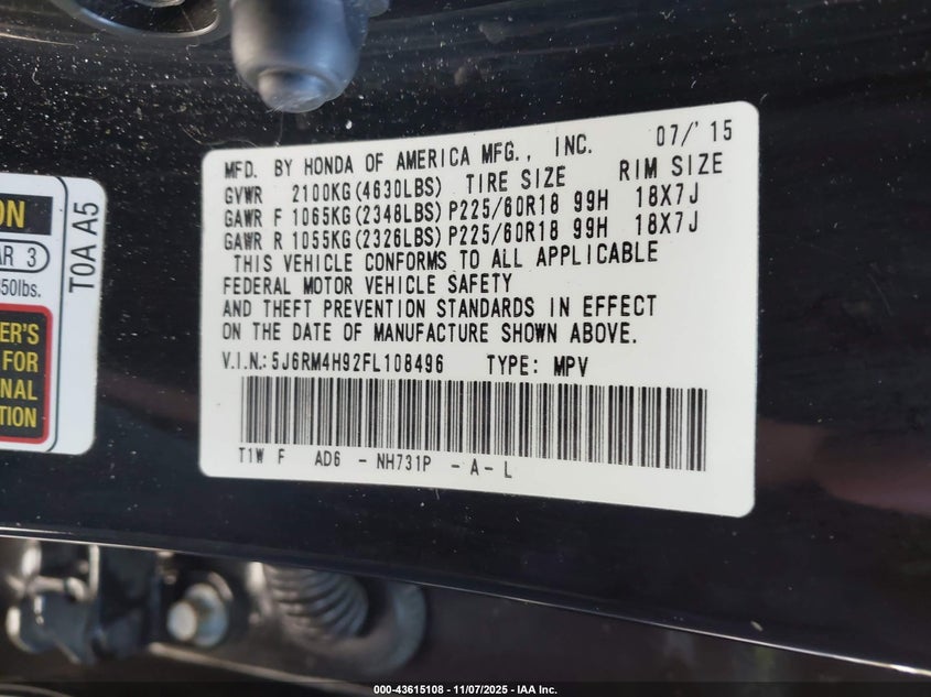 2015 HONDA CR-V TOURING - 5J6RM4H92FL108496