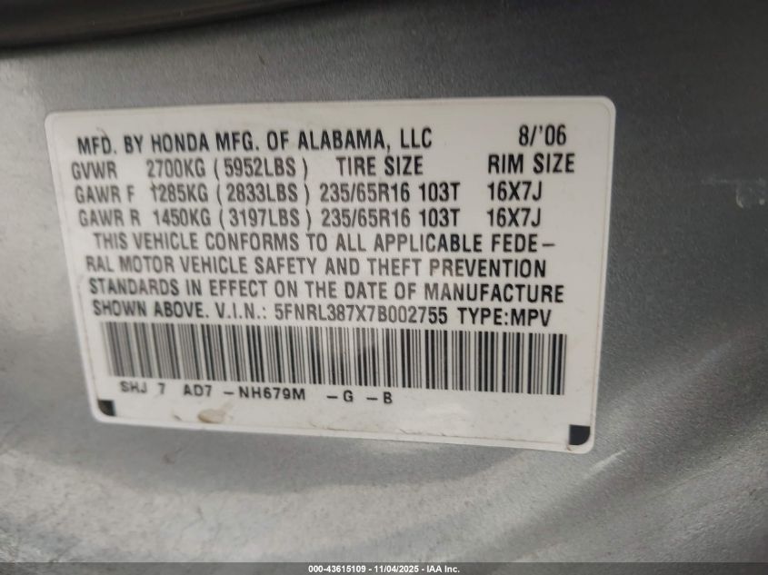 2007 Honda Odyssey Ex-L VIN: 5FNRL387X7B002755 Lot: 43615109