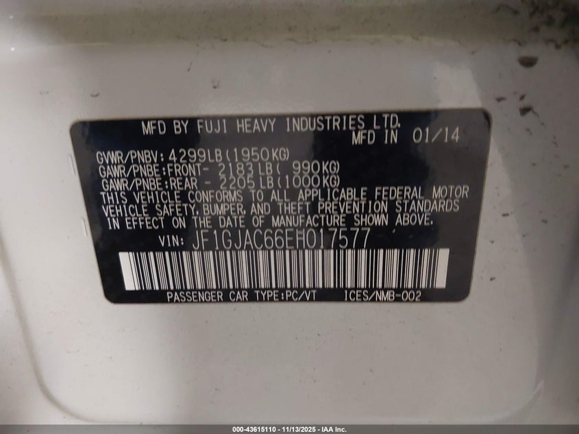 2014 SUBARU IMPREZA 2.0I PREMIUM JF1GJAC66EH017577