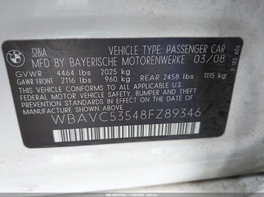 2008 BMW 328I VIN: WBAVC53548FZ89346 Lot: 43615134