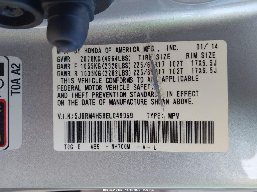 2014 HONDA CR-V EX 5J6RM4H58EL049059